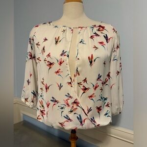 Silky bird print faux wrap blouse
